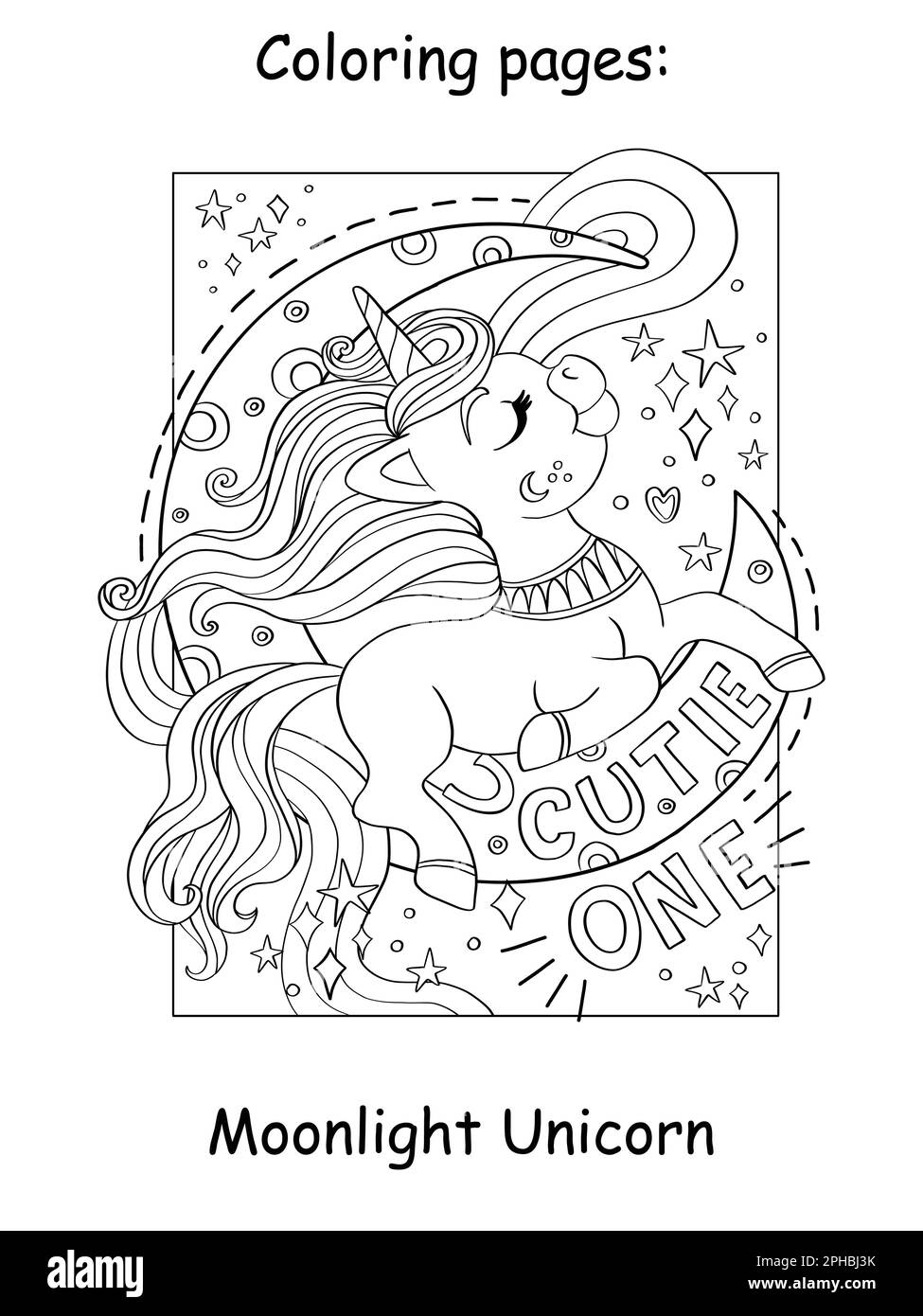 Cute beautiful unicorn on the moon with lettering cutie one. Cartoon ...