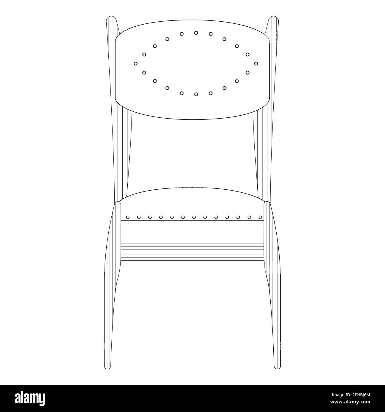 Dark wood chair front view in outline style. Turquoise seat. Home