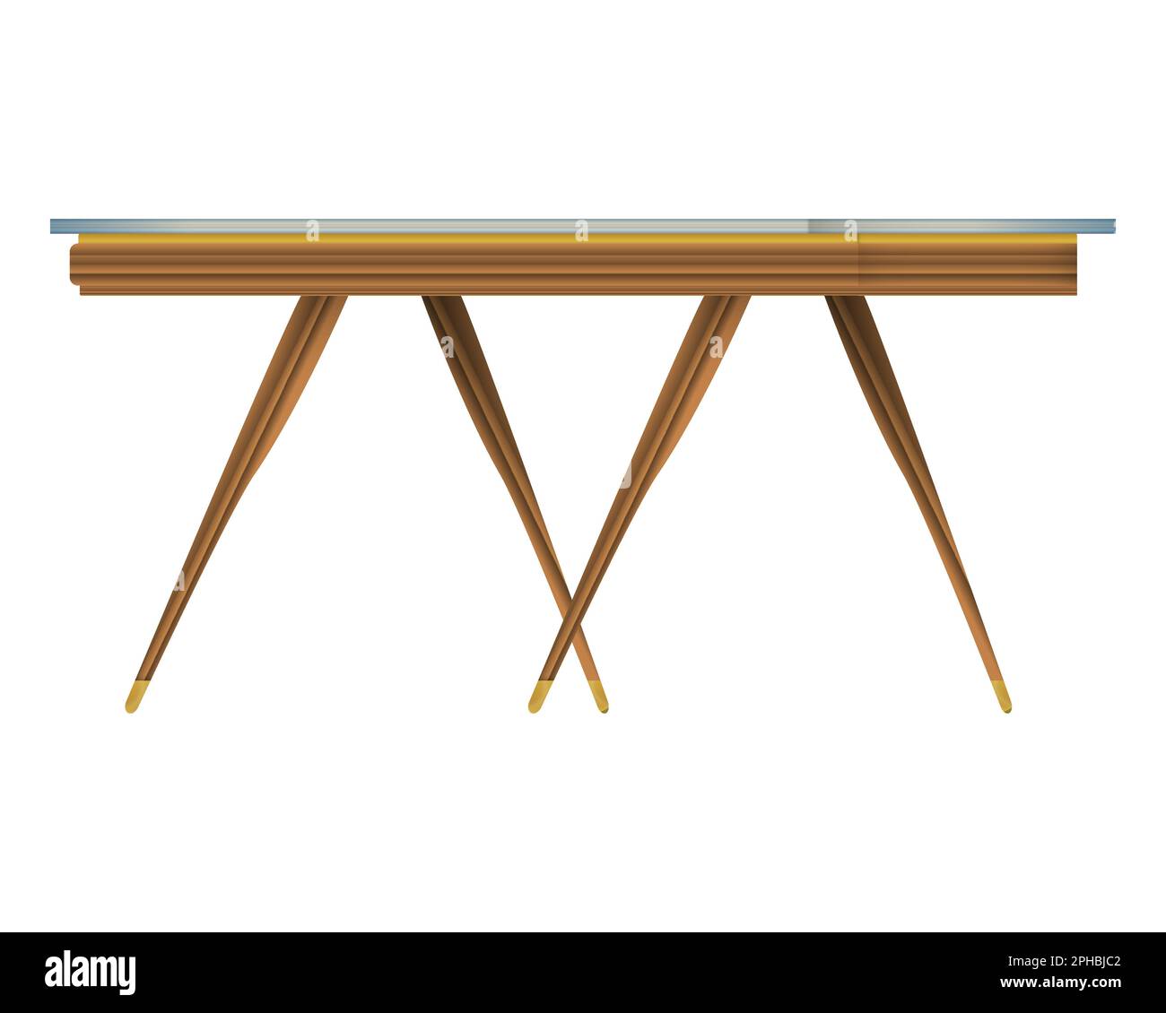 Glass tabletop wood table three-quarter view in realistic style. Transparent table top. Home wooden furniture design. Colorful vector illustration iso Stock Vector