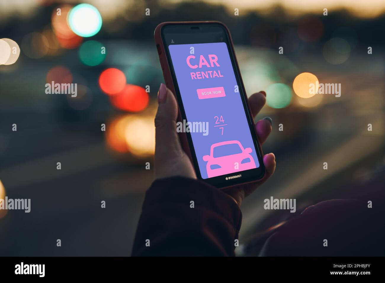 Woman renting car online using mobile app on smart phone. Person