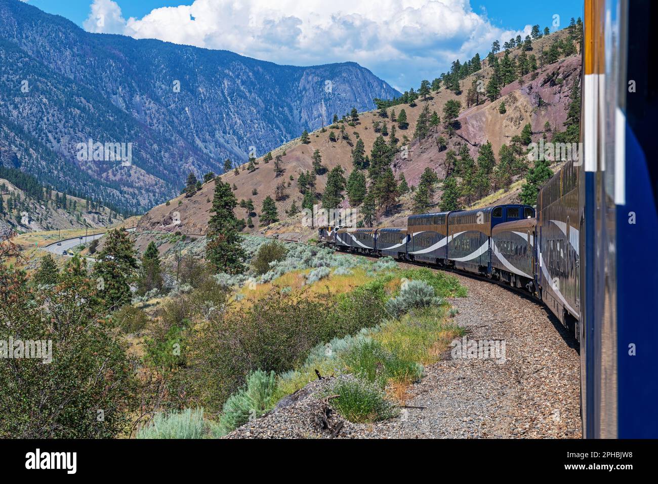 Rocky Mountaineer train riding through Fraser Valley, British Columbia, Canada. Stock Photo