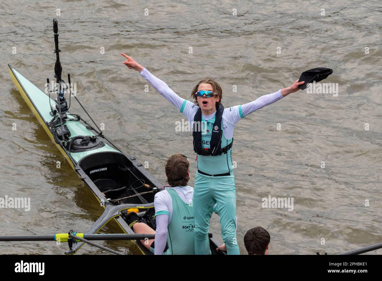 Boat Race 2023. Cambridge cox Jasper Parish celebrating the team's win
