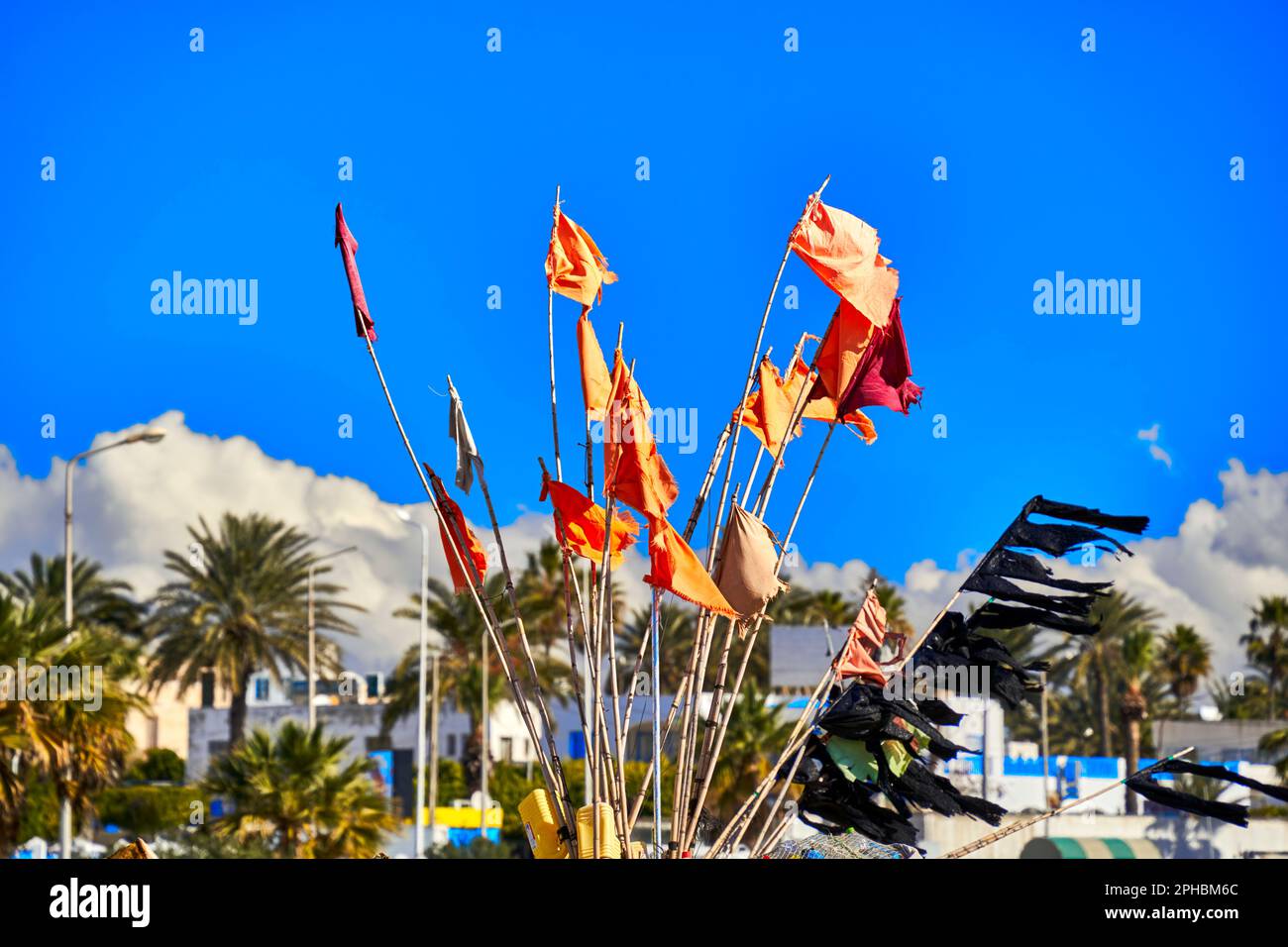 Marker sticks with flags used by Tunisian fishermen to mark the