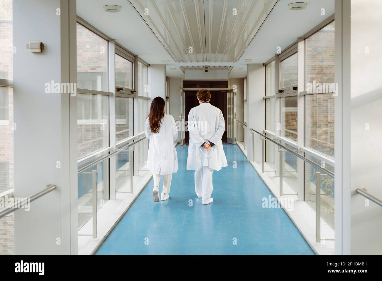 Full length rear view of male and female doctors discussing while walking together in hospital corridor Stock Photo