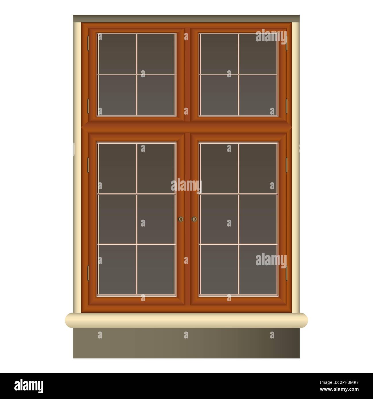 Vintage brown Window in realistic style. Wood Frame and Jalousie. Colorful illustration isolated on white background. Stock Photo