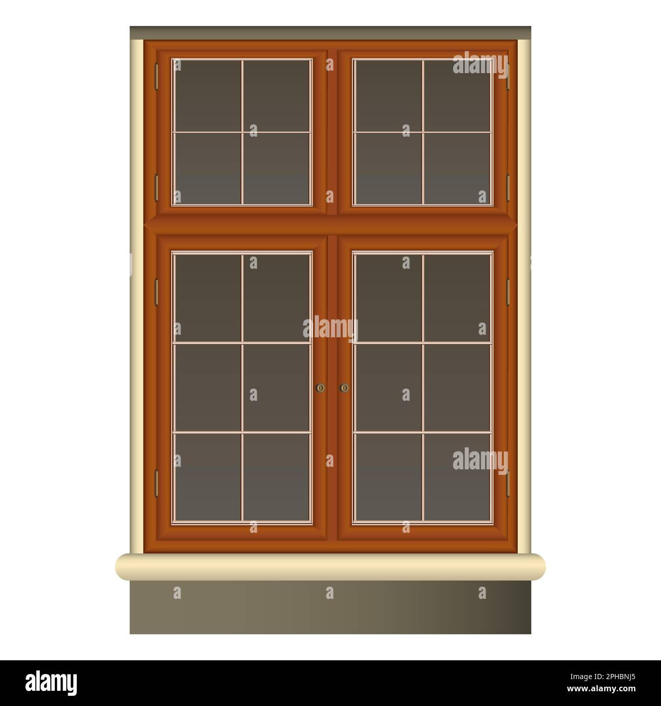 Vintage brown Window in realistic style. Wood Frame and Jalousie. Colorful vector illustration isolated on white background. Stock Vector