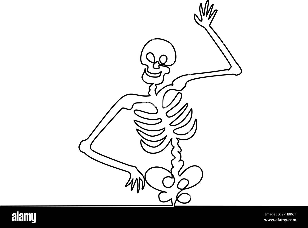 Happy human skeleton waving in greeting. Continuous one line drawing. Contour drawing human skeleton. Scary illustration bones of hand drawn with a bl Stock Vector