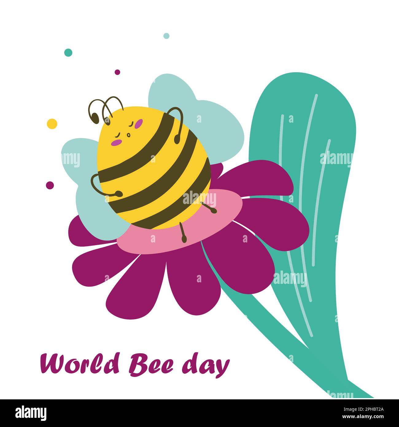 A cute plump bee sleeps on a flower. World Bee Day. Cartoon character. For postcard, invitation