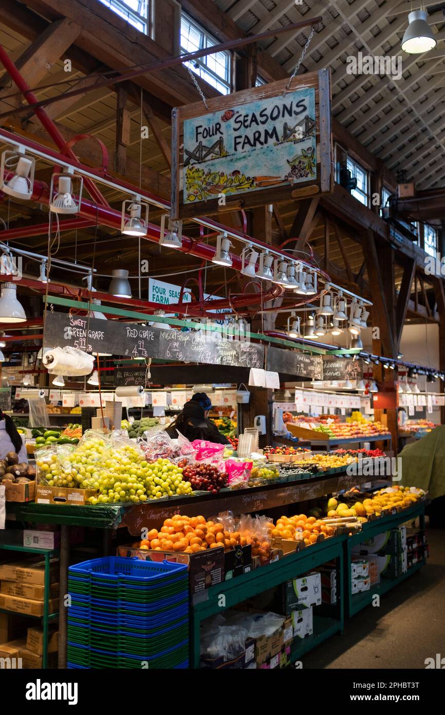 Fruits and vegetables for sale at a produce stall in the Granville