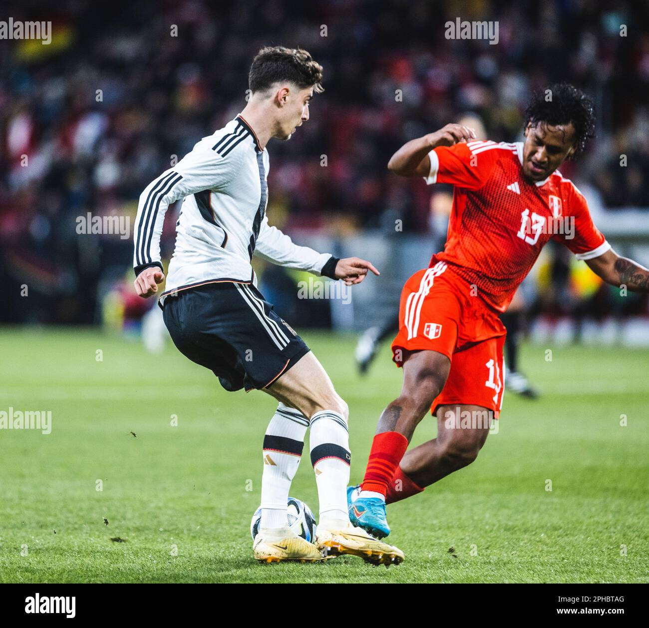 Mainz, Mewa-Arena, 25.03.23: Kai Havertz of Germany (L) challenges Renato Tapia of Peru during the friendly match between Germany and Peru. Stock Photo