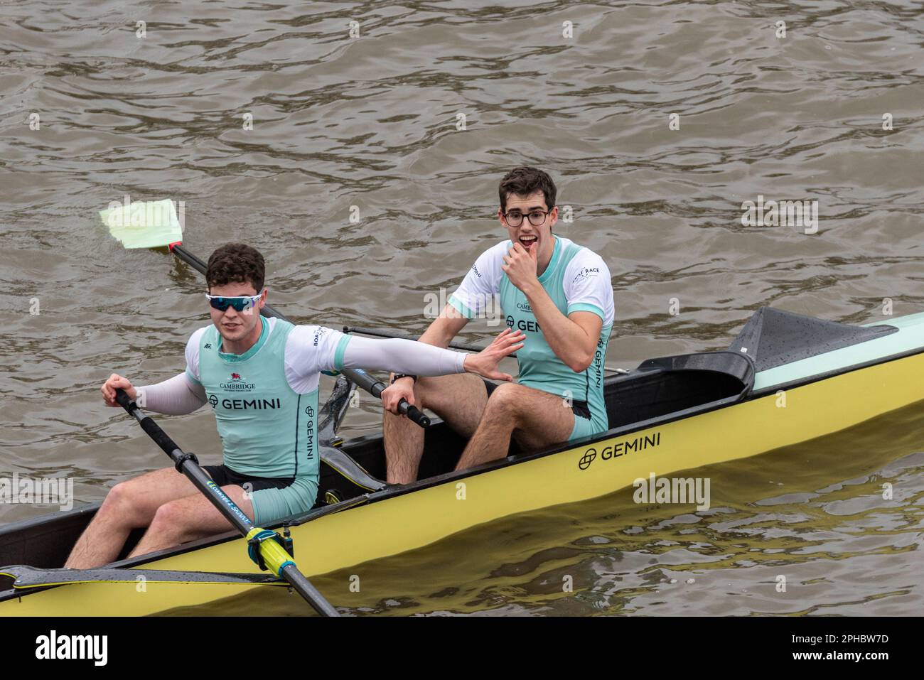 Boat Race 2023. Cambridge rowers after crossing the finish line at