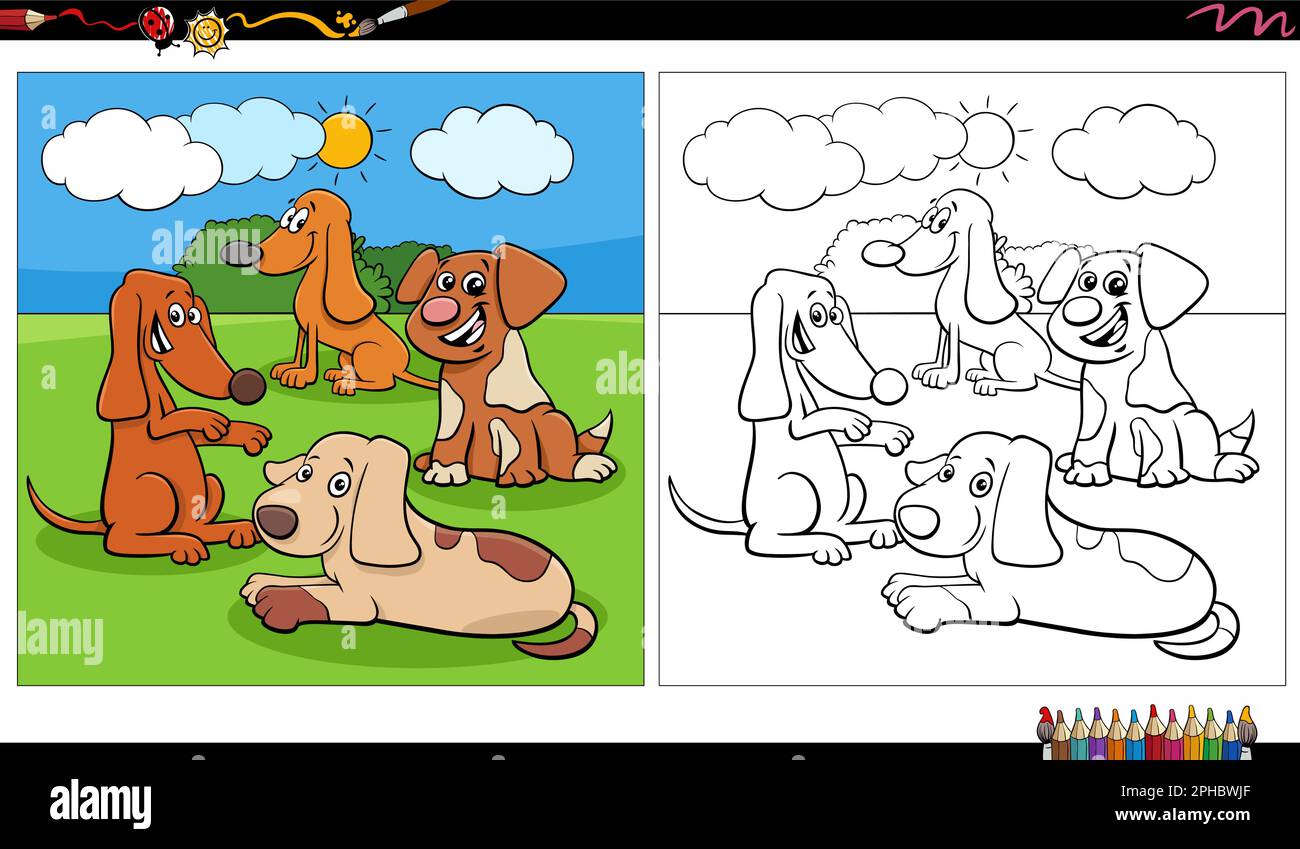 Cartoon illustration of funny dogs comic characters group outdoor coloring page Stock Vector