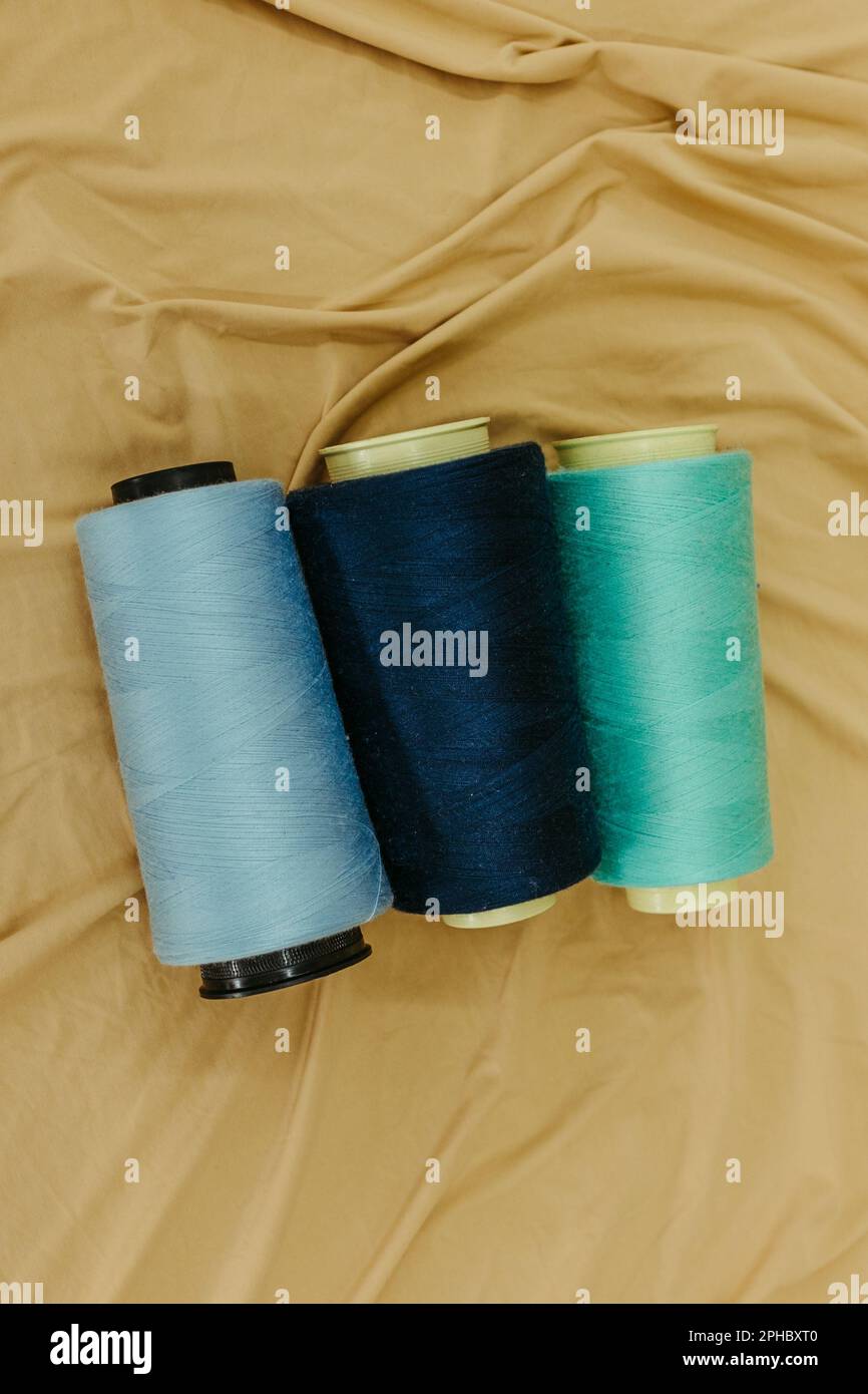 Three spooled threads of varying shades of blue, green and purple on a ...