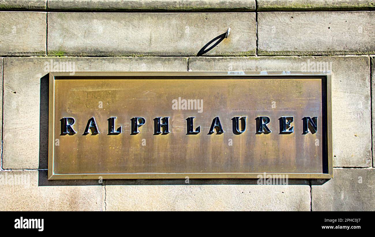 ralph lauren brass plaque on stone building Stock Photo