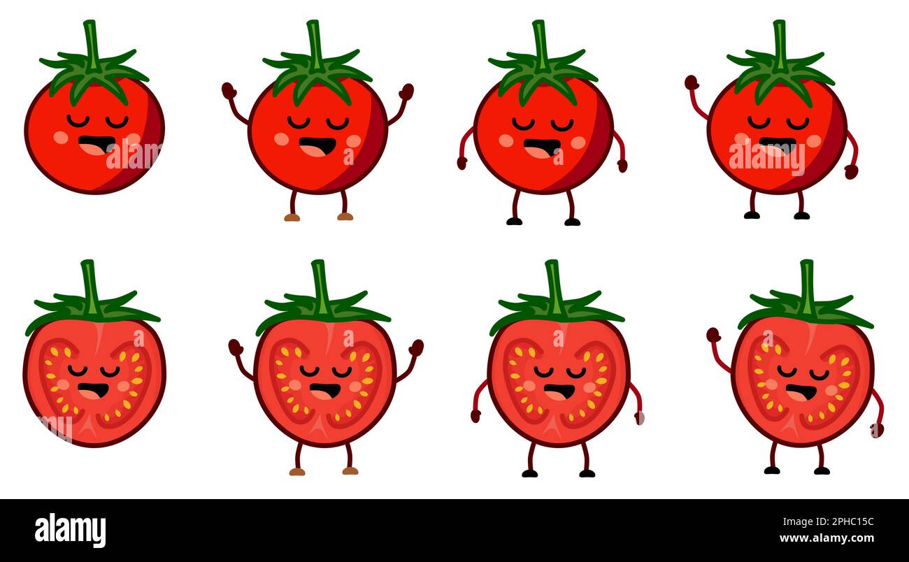 Cute kawaii style red tomato icon, whole and halved. Version with hands raised, down and waving Stock Vector