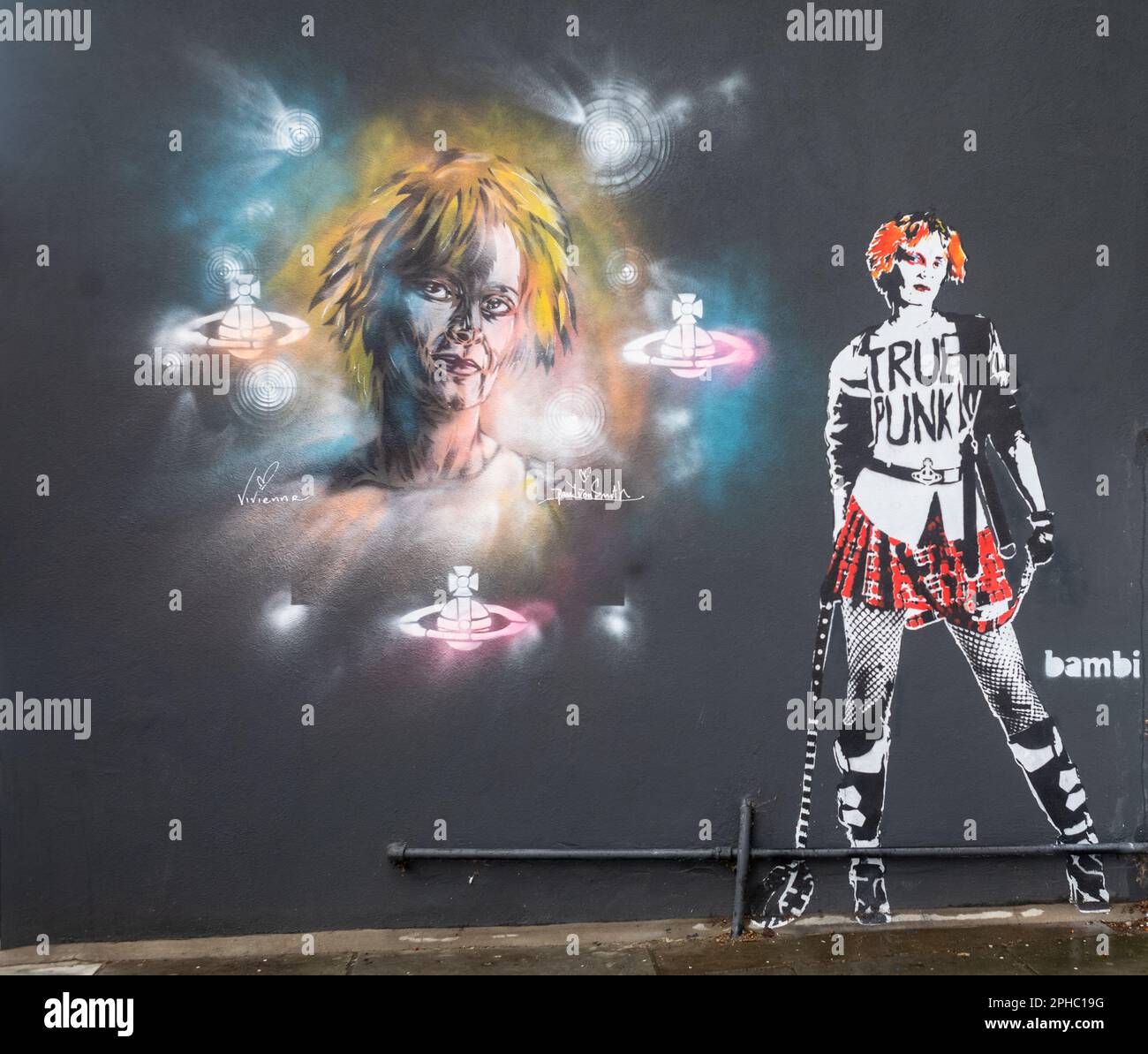 Street Art depicting punk icon Vivienne Westwood by Paul Don Smith, and a generic female punk by the anonymous artist known as Bambi on a wall in Worl Stock Photo