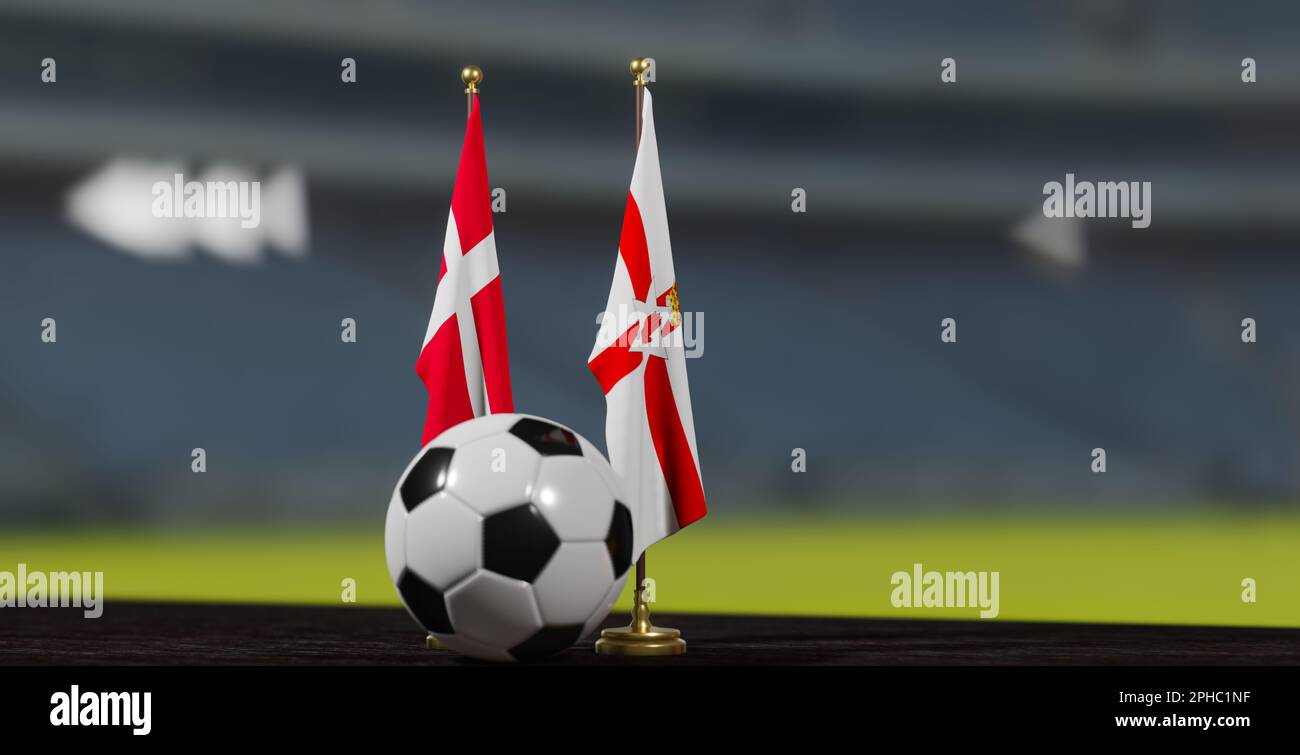 UEFA EURO 2024 Soccer Denmark vs Northern Ireland European Championship Qualification Denmark and Northern Ireland with soccer ball. 3d work. Yerevan, Stock Photo