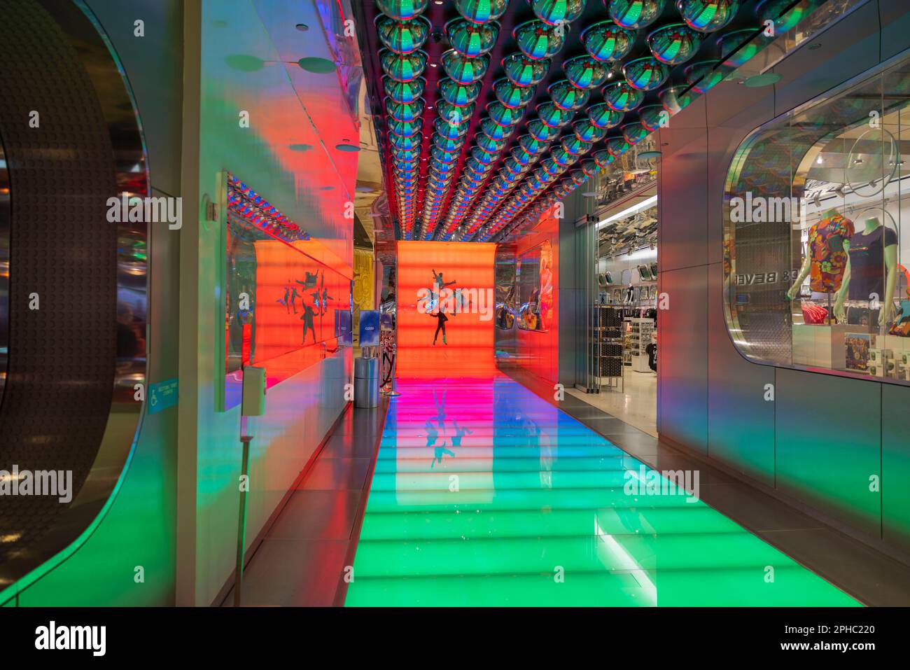Beautiful view of colorful illuminated floor in Beatles store at casino hotel in Las Vegas. Concept of modern technology. Las Vegas, Nevada, USA. Stock Photo