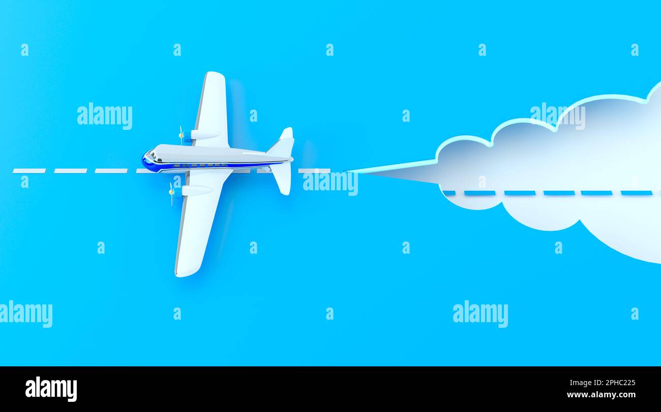 Creative concept of air travel by plane, discounts on tickets, airline. A small model of a toy airplane on the runway made of blue color paper. Stock Photo