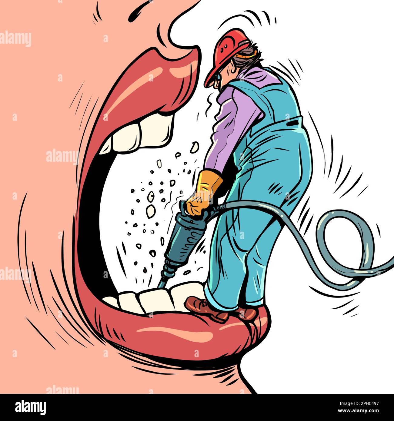 Taking care of your health. Dental treatment by a professional doctor. The hard work of doctors. Woman open mouth and a row of teeth and a worker with Stock Vector