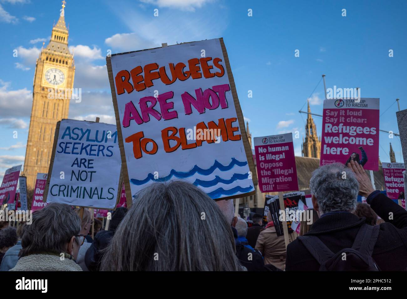 London, UK.  27 March 2023.  People at a rally in Parliament Square opposing the The Illegal Migration Bill which is being debated by MPs in the House of Commons.  Credit: Stephen Chung / Alamy Live News Stock Photo