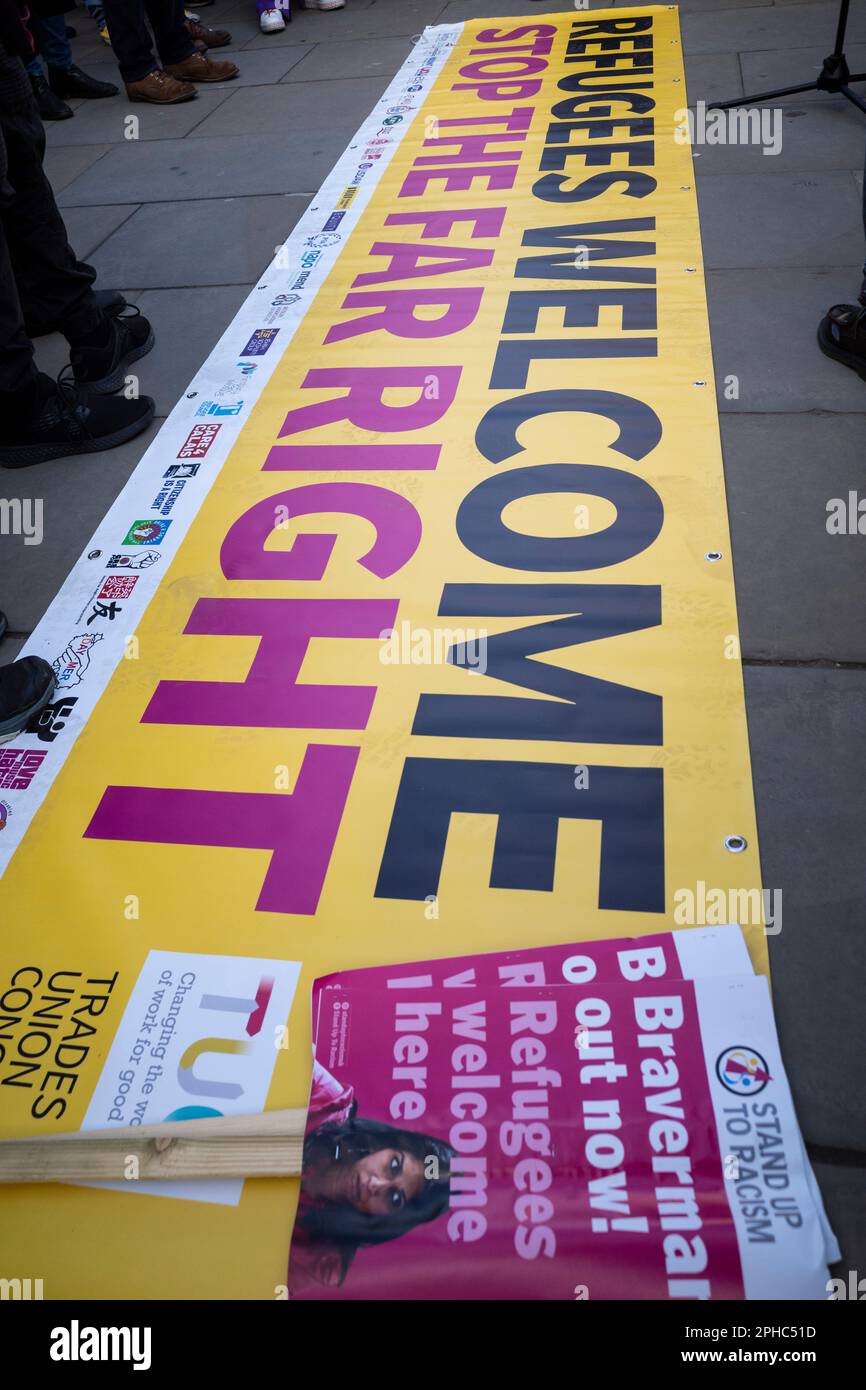 London, UK.  27 March 2023.  A sign at a rally in Parliament Square opposing the The Illegal Migration Bill which is being debated by MPs in the House of Commons.  Credit: Stephen Chung / Alamy Live News Stock Photo