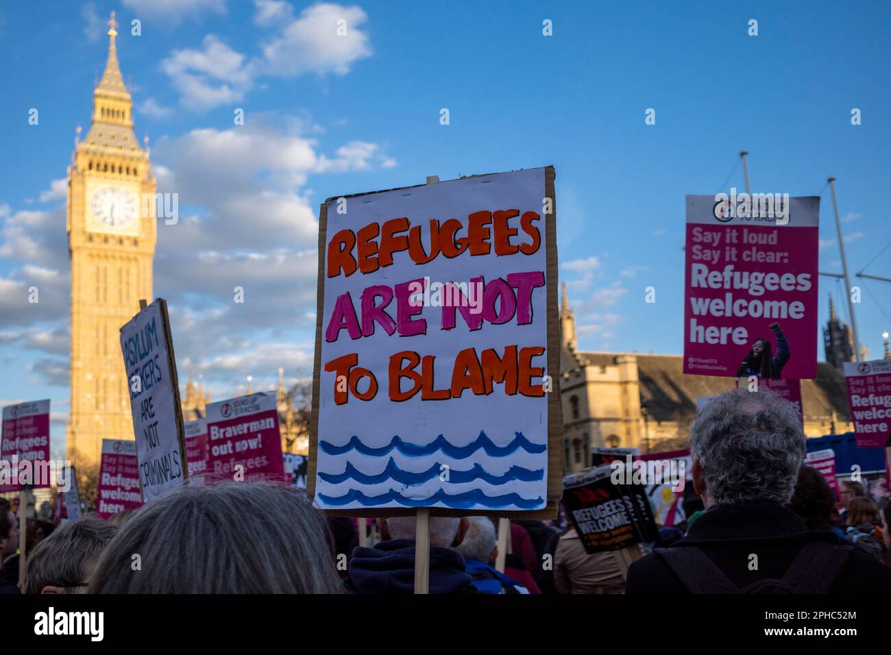 London, UK.  27 March 2023.  People at a rally in Parliament Square opposing the The Illegal Migration Bill which is being debated by MPs in the House of Commons.  Credit: Stephen Chung / Alamy Live News Stock Photo