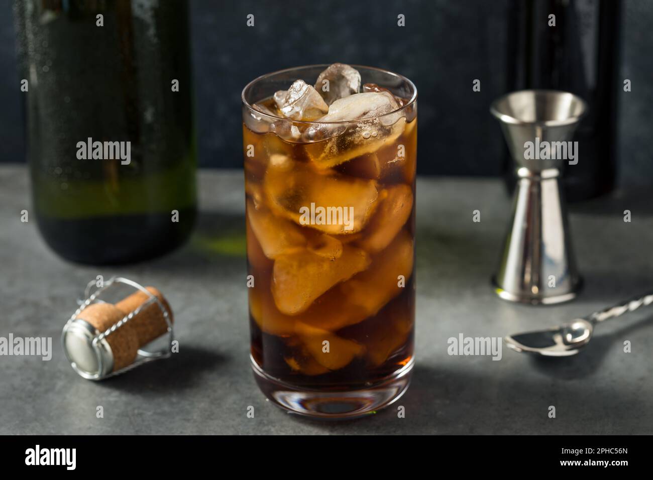 Cold Refreshing Boozy Diet Cola and Champagne with Ice in a Glass Stock Photo
