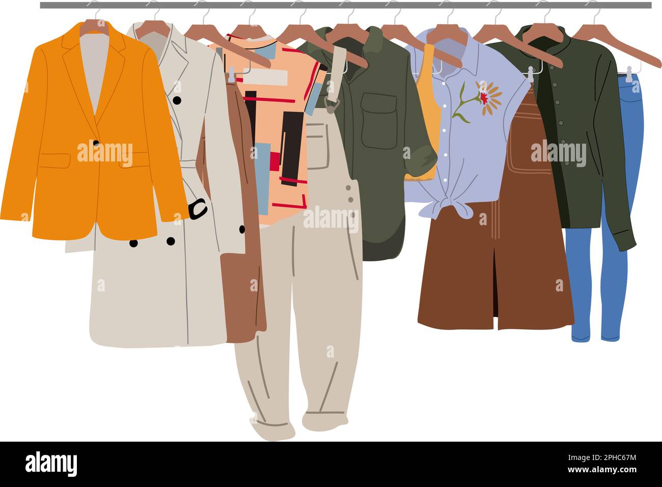 Colored clothes hanging on hangers vector isolated Stock Vector