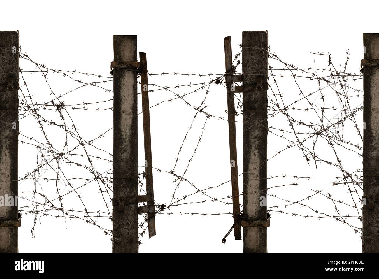 Old destroyed fence with barbed wire on a white background. Barb Wire ...