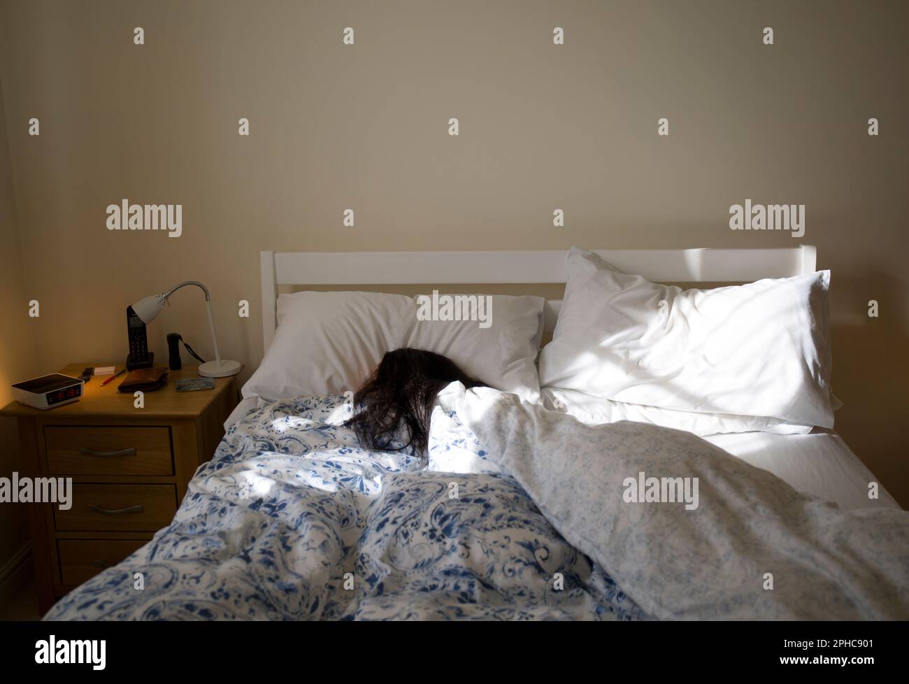 Brunette Woman (mannequin) Sleeping In Bed Lit by Morning Sunshine Stock Photo