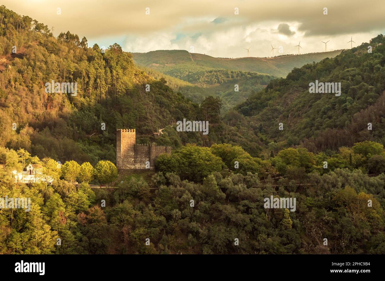 Lousã Castle in Portugal, with the Lousã mountains in the background. Stock Photo