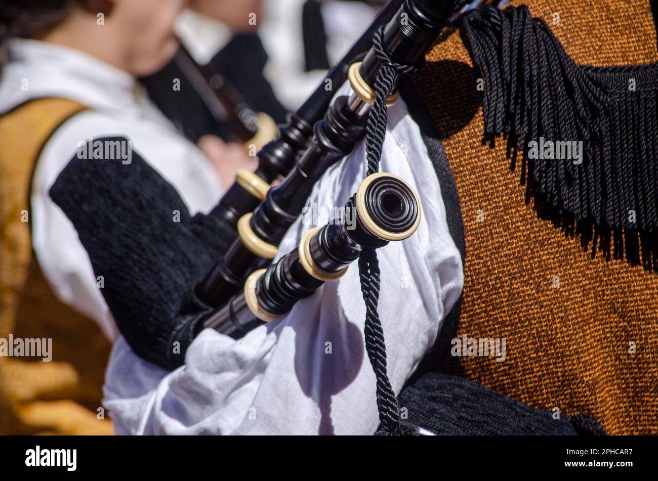 detail of a bagpipe held by a musician. Galicia, Spain Stock Photo Alamy