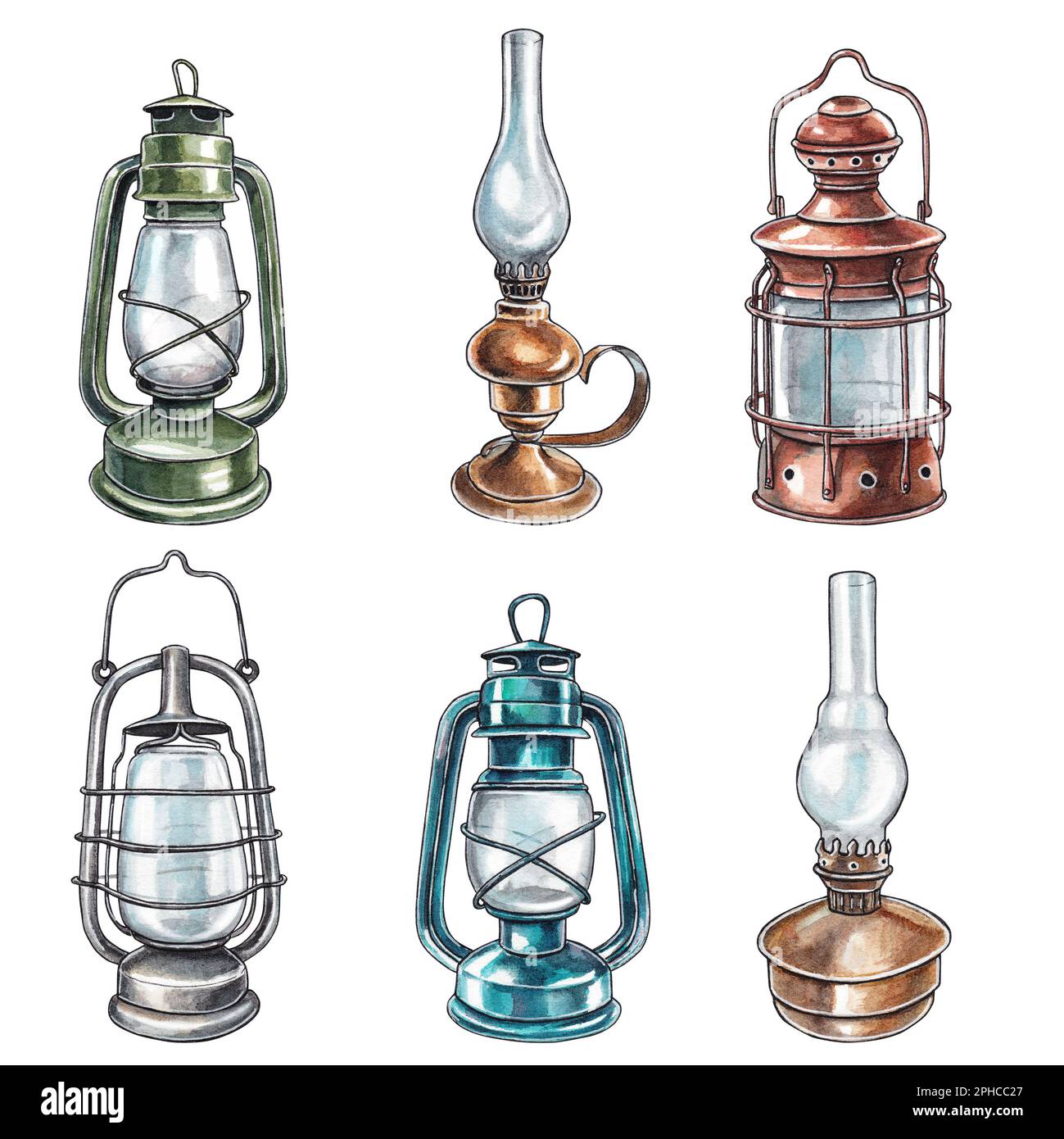 Set of kerosene lamps isolated on white background. Old lanterns on