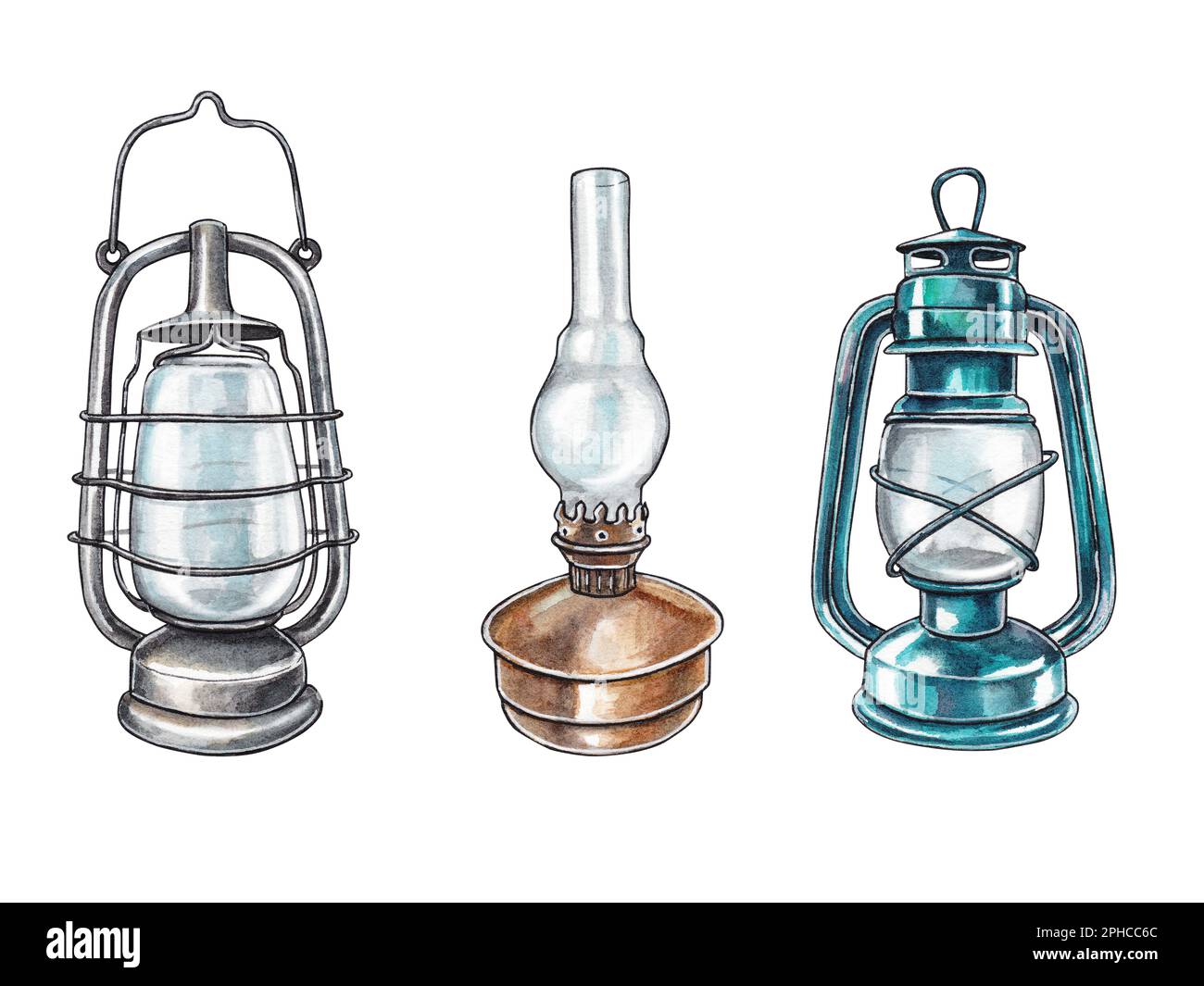 Set of kerosene lamps isolated on white background. Old lanterns on
