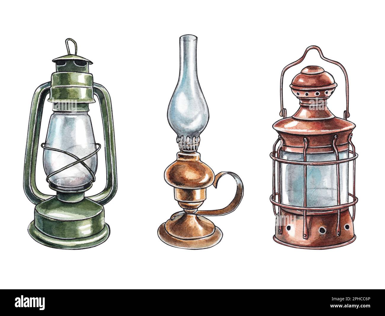 Set of kerosene lamps isolated on white background. Old lanterns on