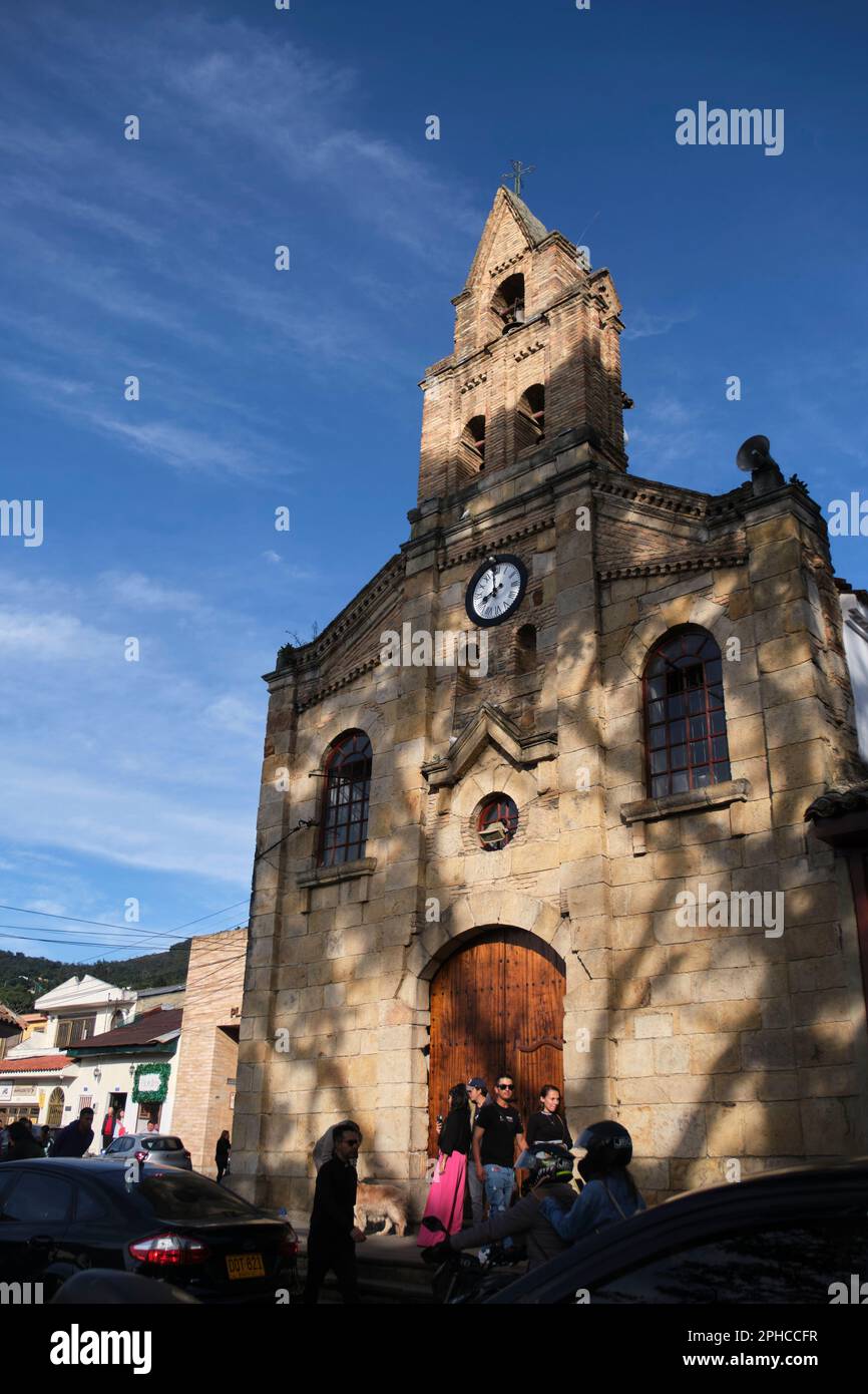 January 22, 2023, Sopo, Cundinamarca, Colombia: Facade of the Divine Savior Parish of Sopo, main catholic church of town. Stock Photo