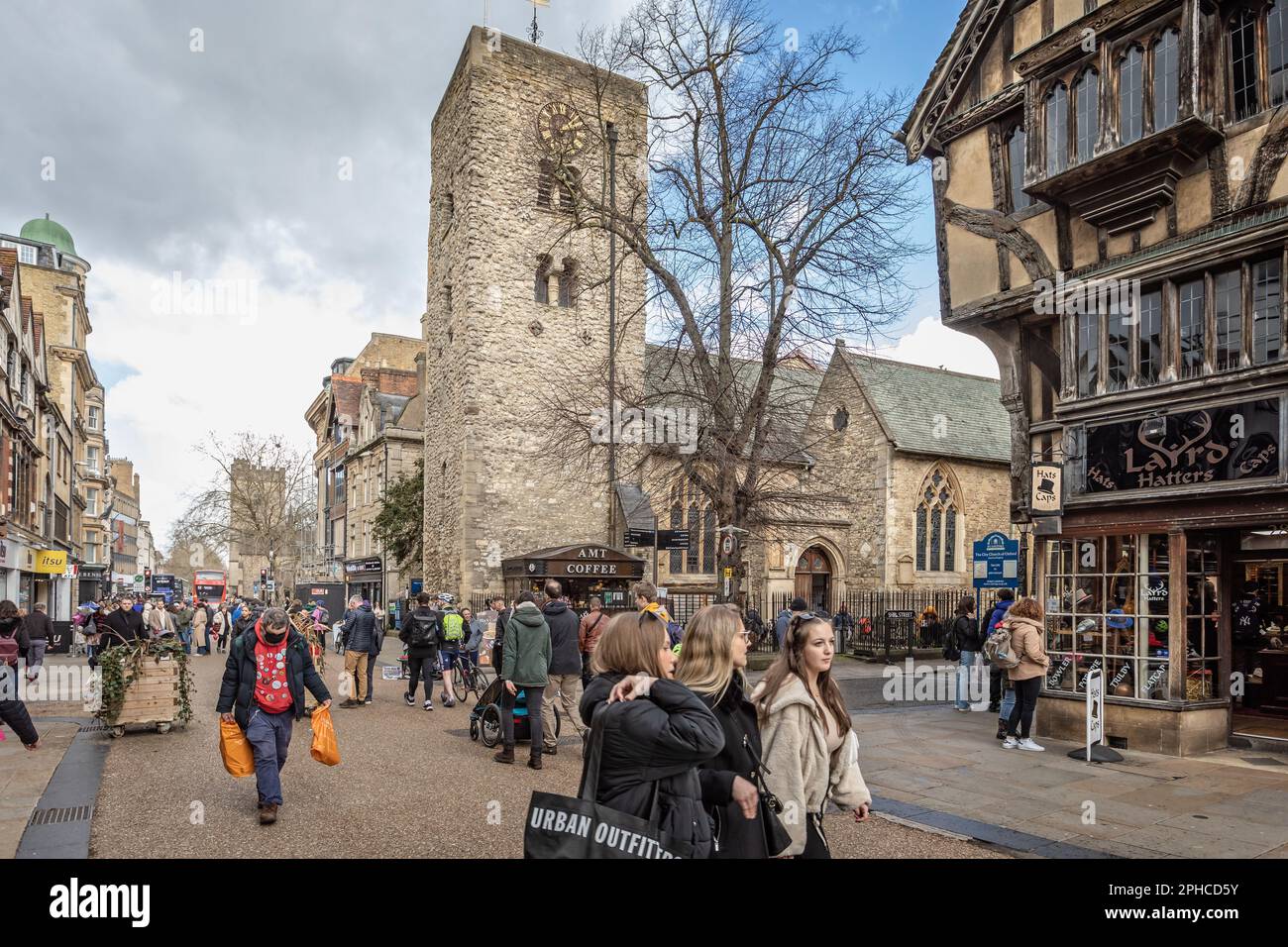 The Saxon Tower and medieval timber framed building in Cornmarket street, Oxford, Oxfordshire, UK on 25 March 2023 Stock Photo