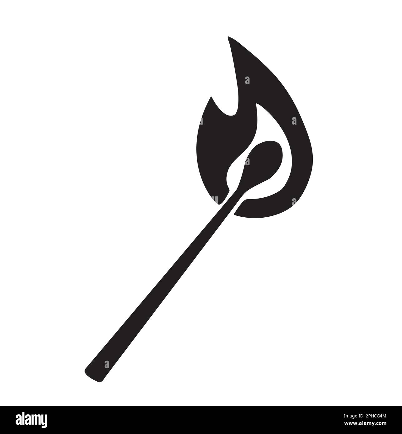 Black and white match with flame on a white background with copy space