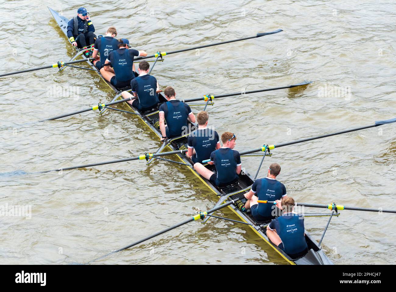 Boat Race 2023. Isis, Oxford Men's reserve team boat after crossing the