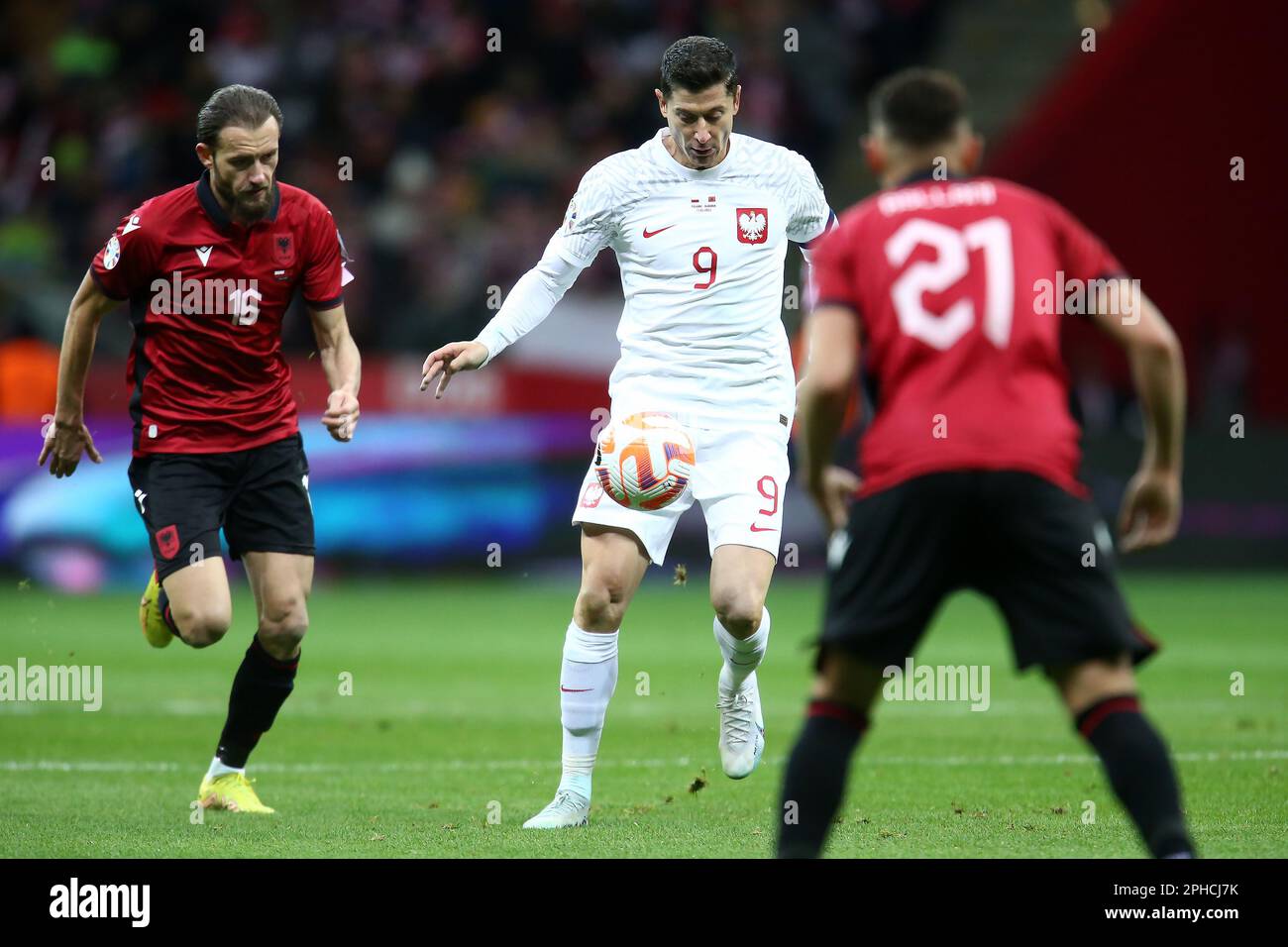 Sokol Cikalleshi of Albania and Robert Lewandowski of Poland during the  UEFA Euro 2024, European Qualifiers, Group E football match between Poland  and Albania on March 27, 2023 at PGE Narodowy in