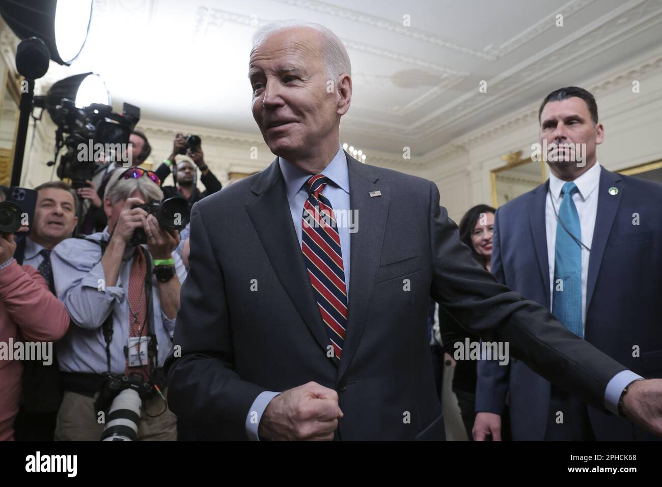 Washington, United States. 27th Mar, 2023. U.S. President Joe Biden greets people after speaking at the SBA Women's Business Summit in the East Room of the White House in Washington DC on Monday, March 27, 2023. (Photo by Oliver Contreras/UPI Credit: UPI/Alamy Live News Stock Photo