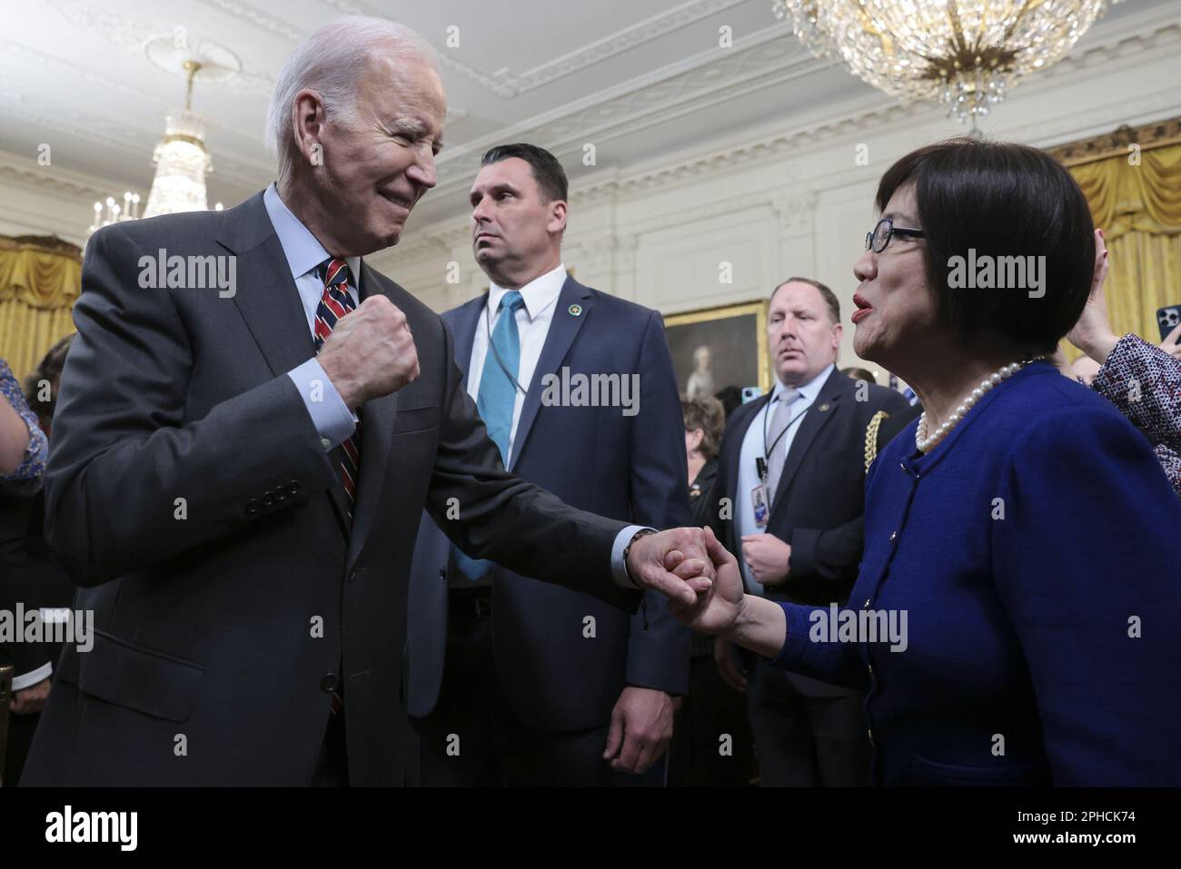 Washington, United States. 27th Mar, 2023. U.S. President Joe Biden greets people after speaking at the SBA Women's Business Summit in the East Room of the White House in Washington DC on Monday, March 27, 2023. (Photo by Oliver Contreras/UPI Credit: UPI/Alamy Live News Stock Photo