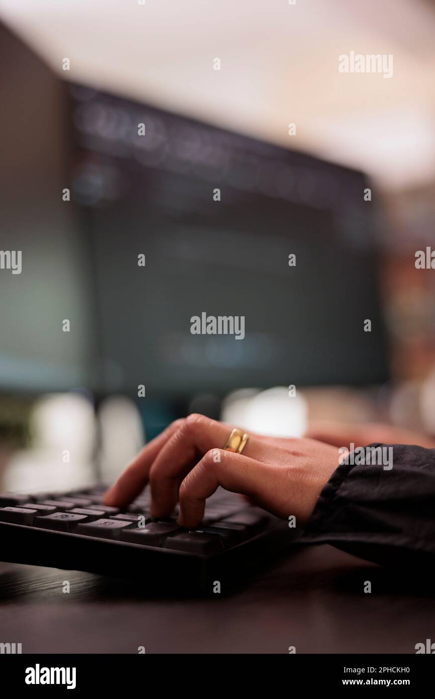 System engineer writing programming language on computer, using database code to develop server interface. Freelance coder analyzing html script working in it development agency. Close up Stock Photo