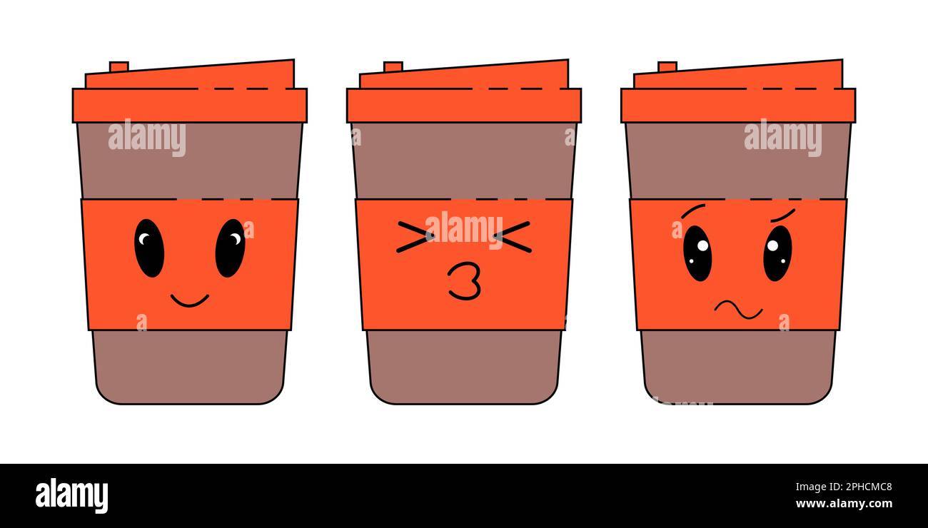 Coffee paper cup emoticons set with different faces and expressions ...