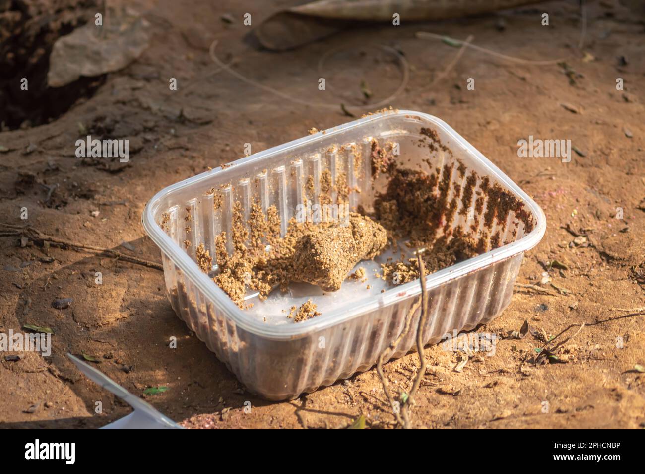 Bowl with leftover dough for fishing left on the ground by fishermen. Stock Photo