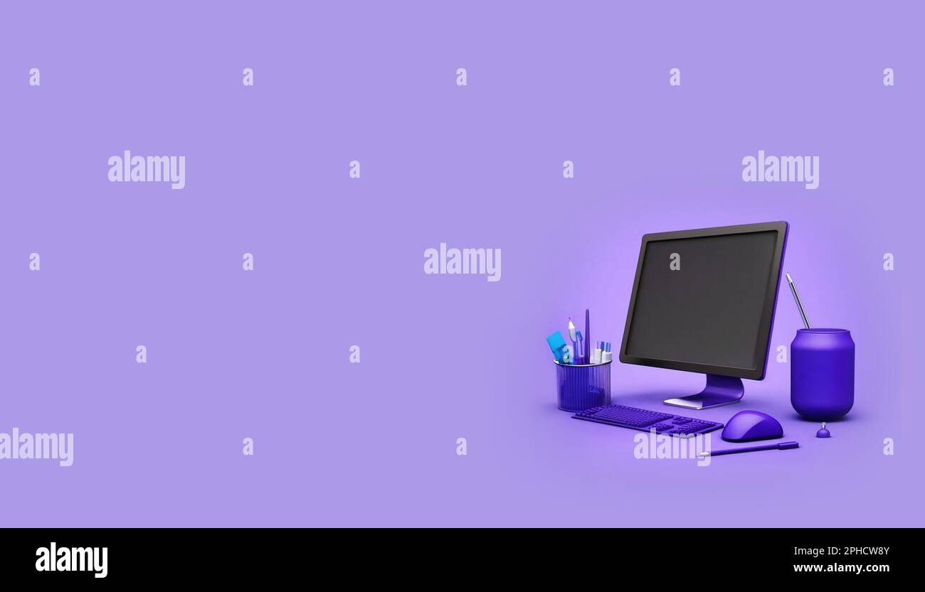 Digital equipment banner with 3d visualization computer monitor violet