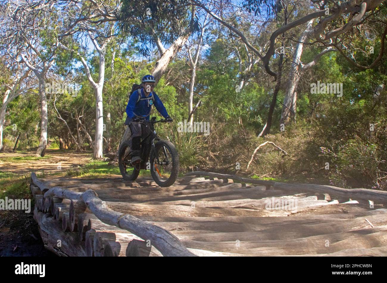 Fat biking through bush at Little Sahara, Kangaroo Island Stock Photo