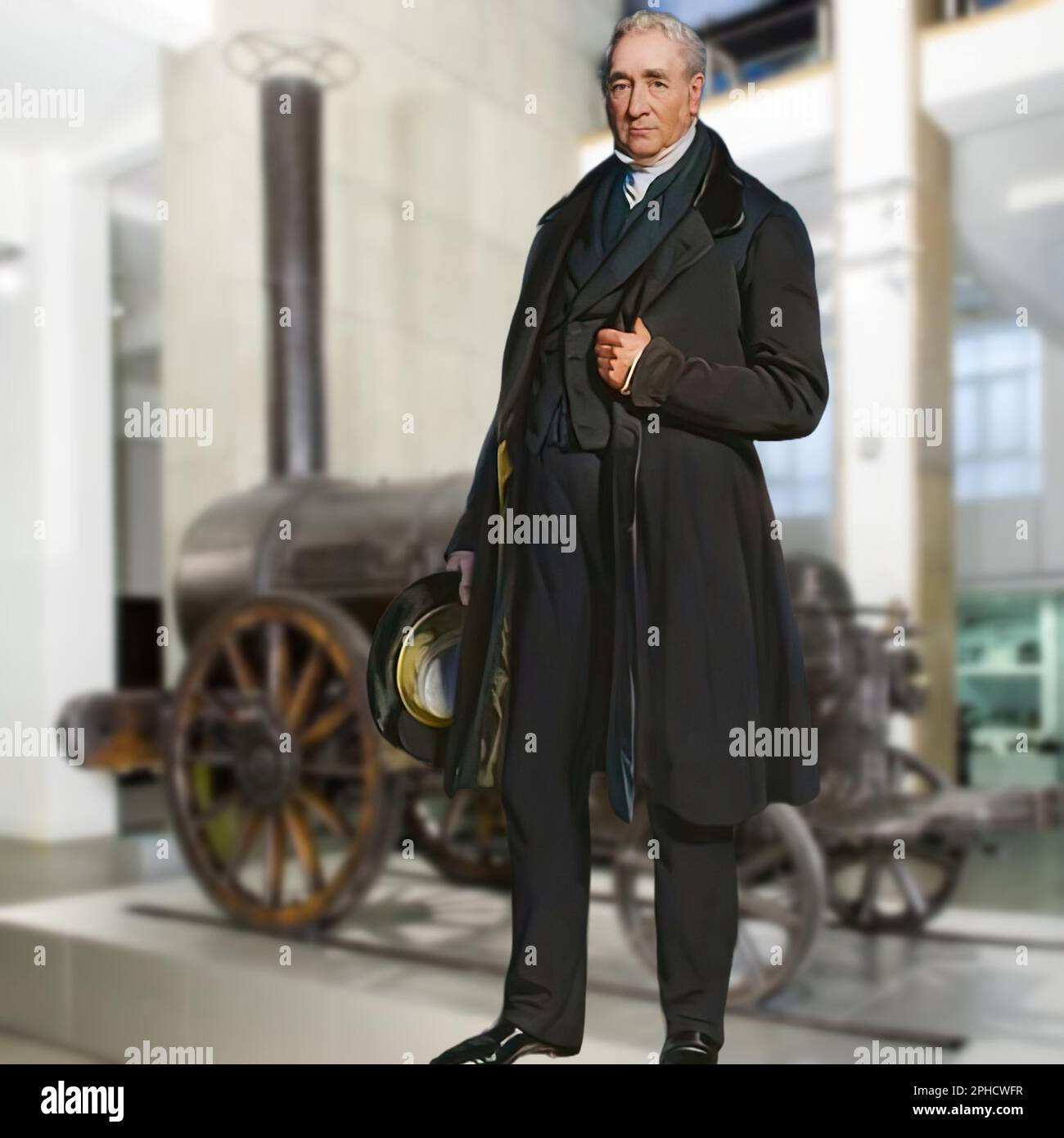 George Stephenson was a British engineer, best known for designing the first steam locomotive called the Rocket Stock Photo