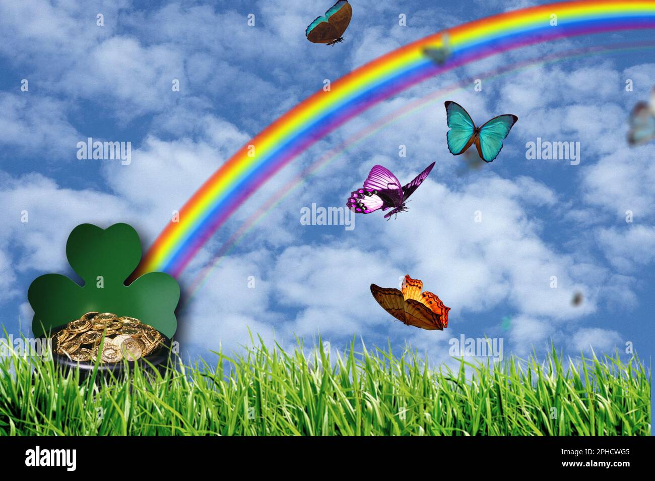 The famous pot of gold located at the end of the rainbow Stock Photo